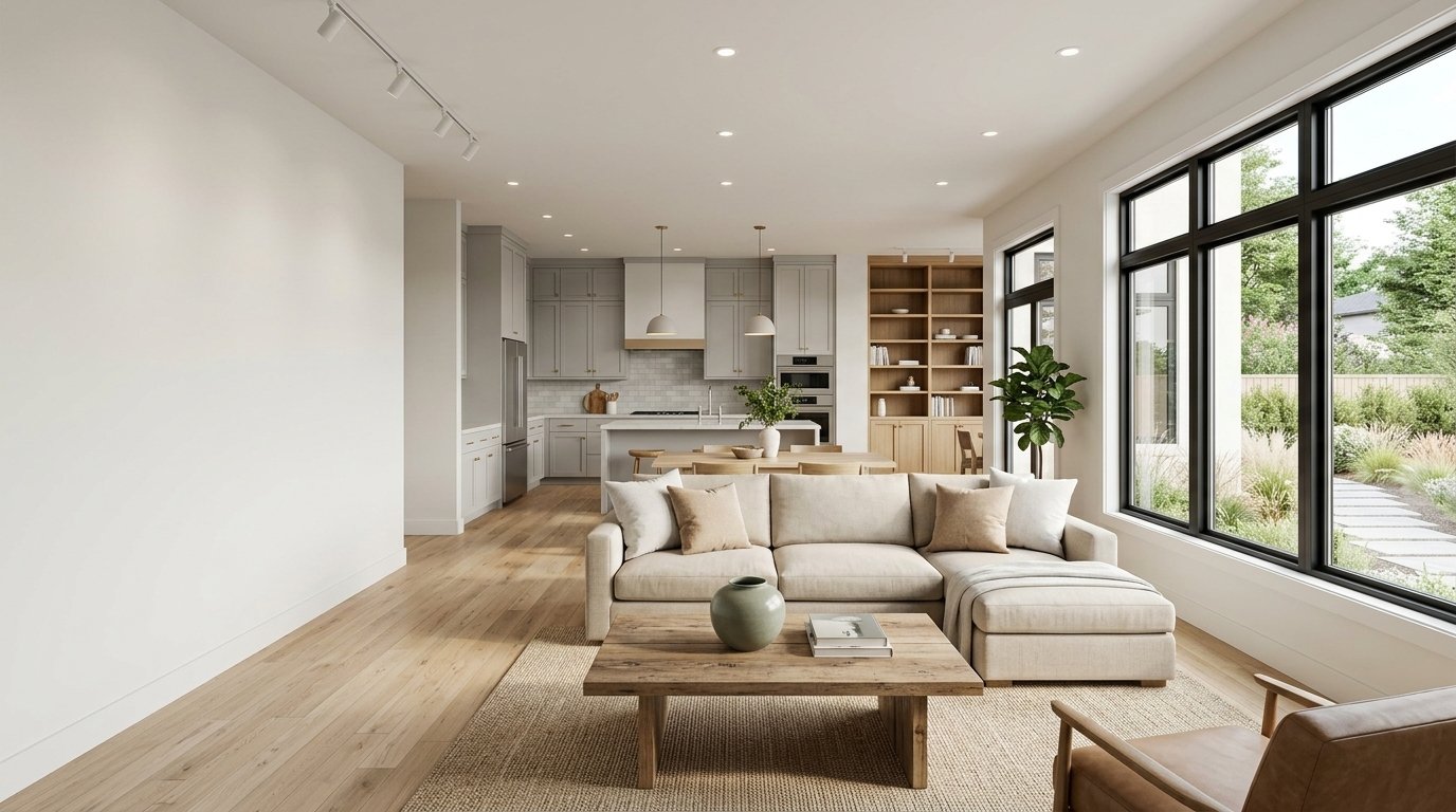 Bright modern living room with open kitchen