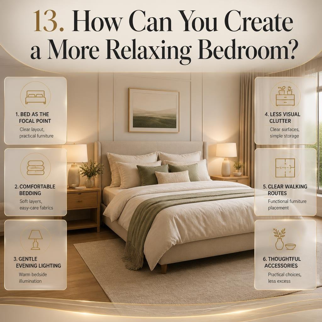 Relaxing bedroom ideas featuring comfortable bedding, warm bedside lighting, uncluttered furniture, soft neutral colors, and peaceful bedroom decor.