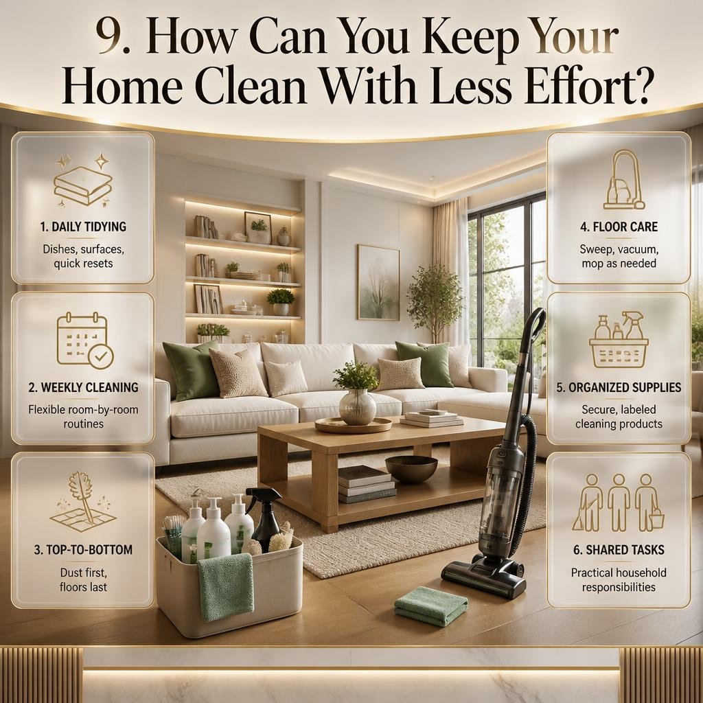 Home cleaning routine infographic with daily tidying, weekly cleaning tasks, organized supplies, dusting, floor care, and practical household cleaning tips.