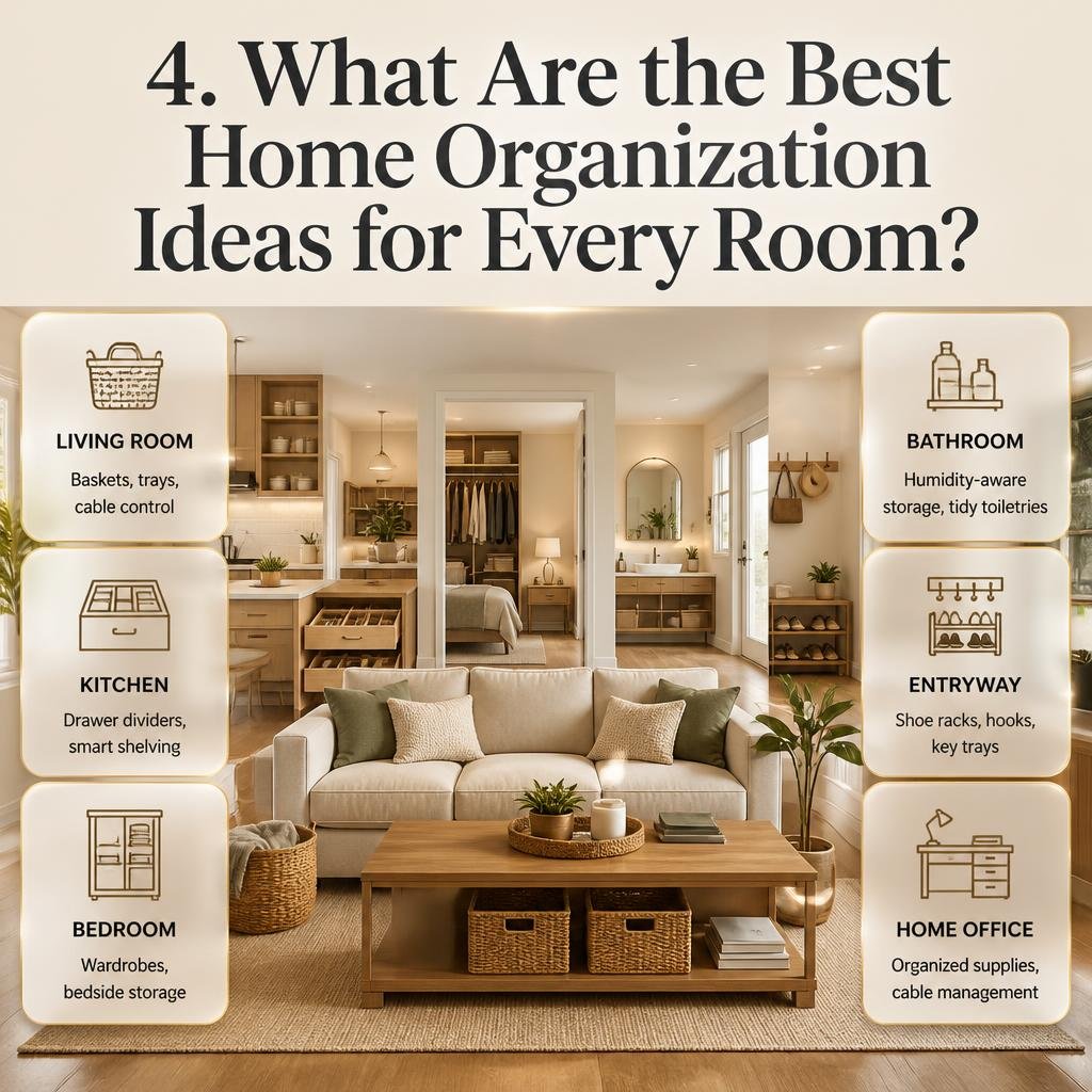 Home organization ideas for living rooms, kitchens, bedrooms, bathrooms, entryways, and home offices with smart storage and clutter-free interiors.