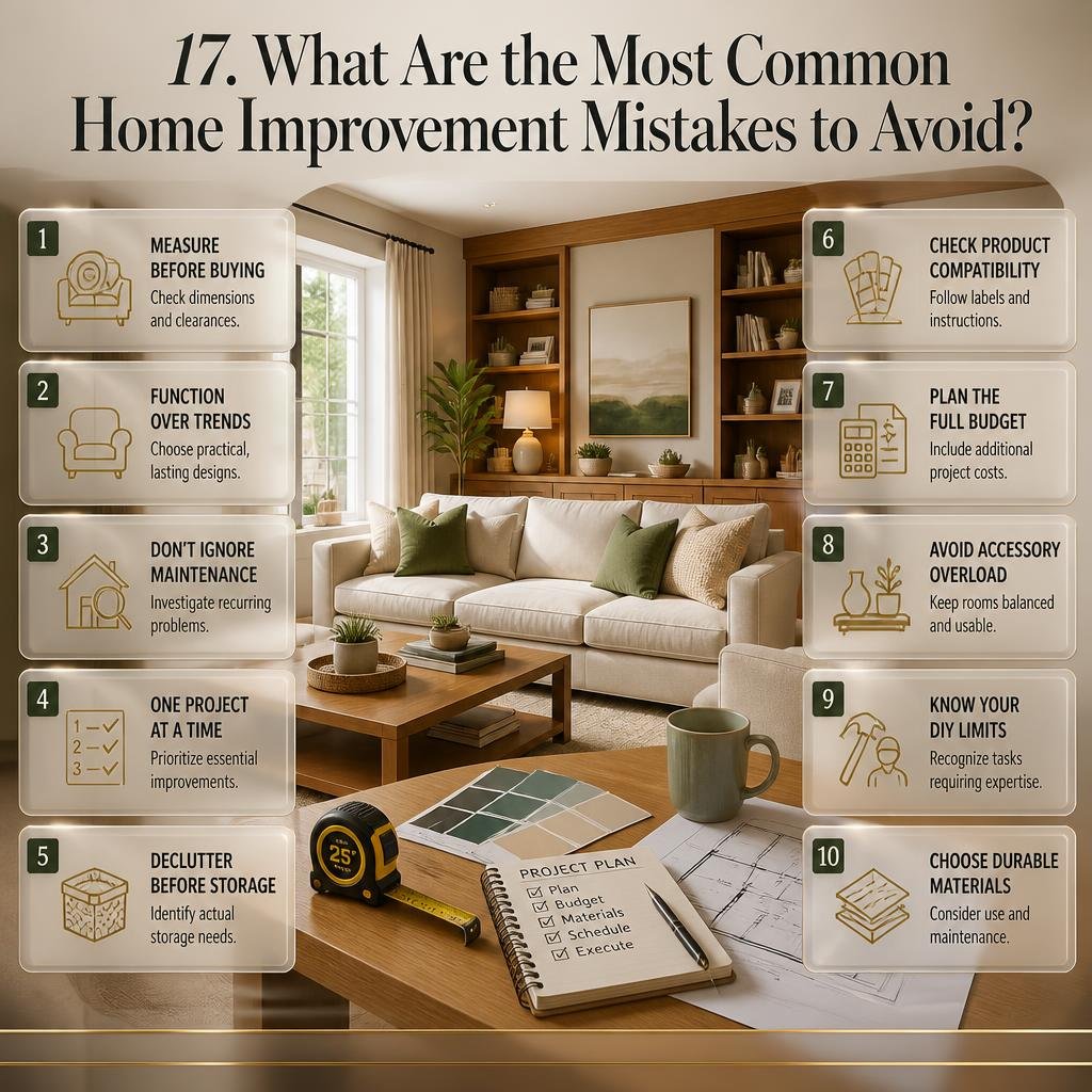 Home improvement mistakes infographic showing furniture measuring, budget planning, clutter control, maintenance, paint selection, and safe renovation decisions.