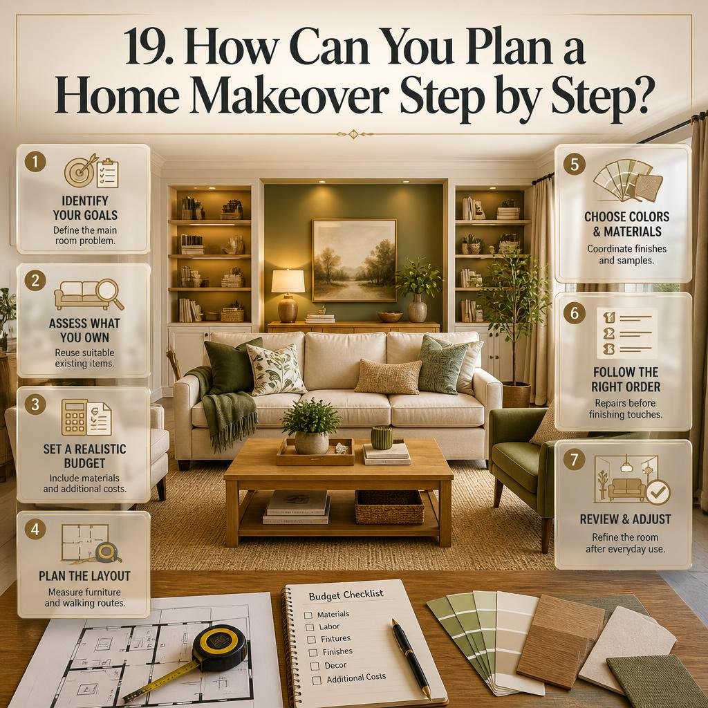 Step-by-step home makeover infographic featuring goal setting, budget planning, furniture layout, color selection, renovation tasks, and final room adjustments.