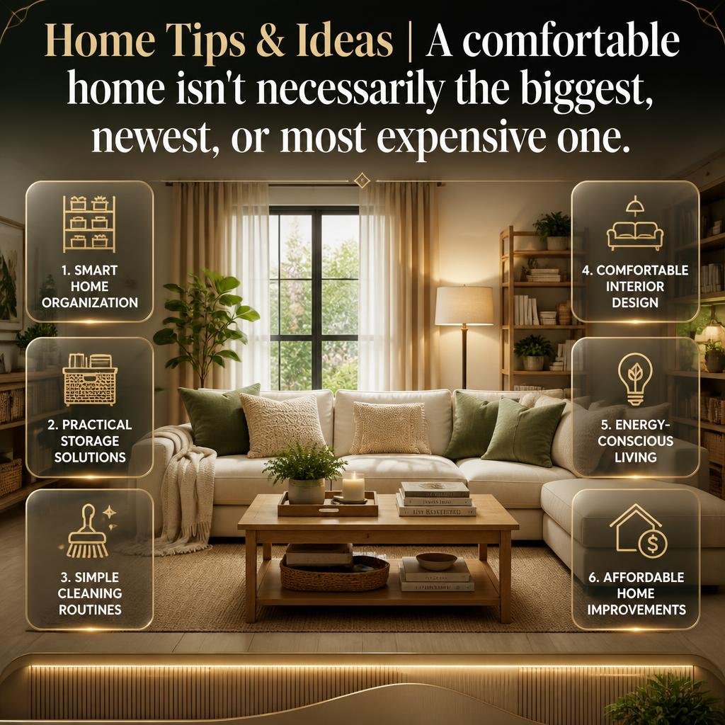 Home tips and ideas featuring practical home organization, stylish interior decor, smart storage, cleaning routines, energy efficiency, and affordable improvements. Home Tips & Ideas for a Beautiful, Organized, Comfortable Home