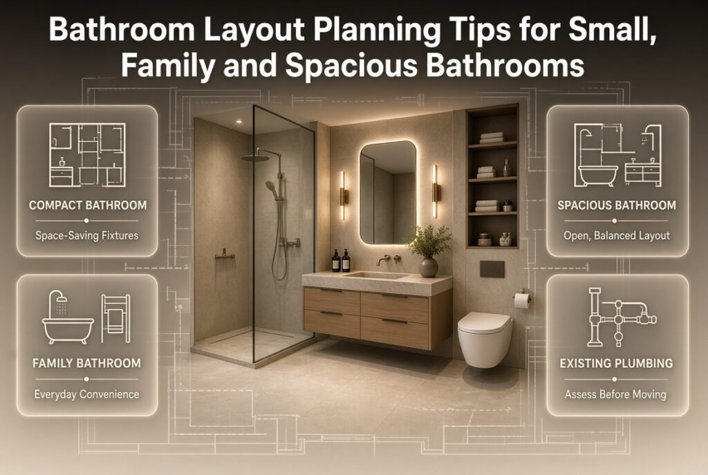 Bathroom layout planning infographic showing compact bathroom fixtures, family bathroom design, spacious layouts, and smart plumbing placement.