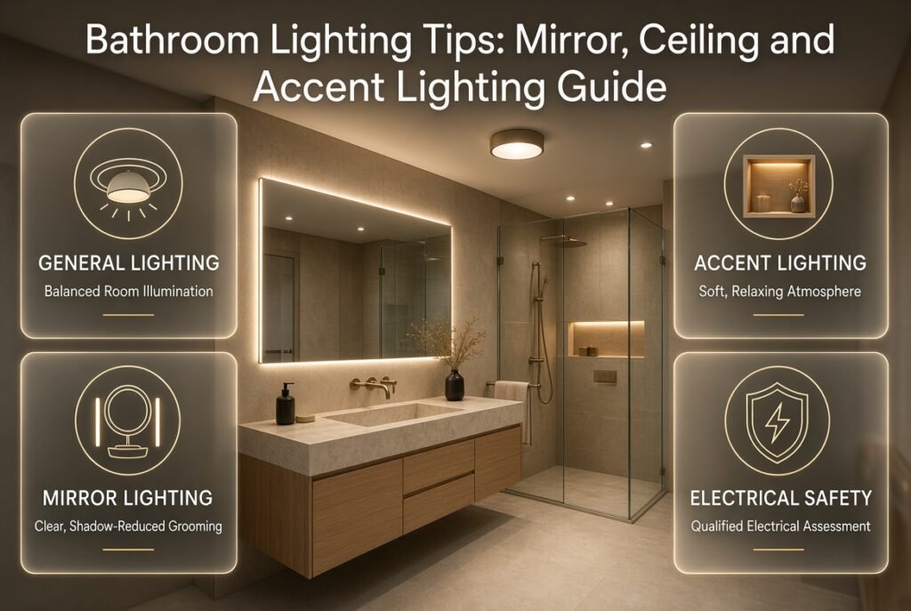 Bathroom lighting infographic featuring ceiling lights, illuminated mirrors, soft accent lighting, and electrical safety for modern bathrooms.