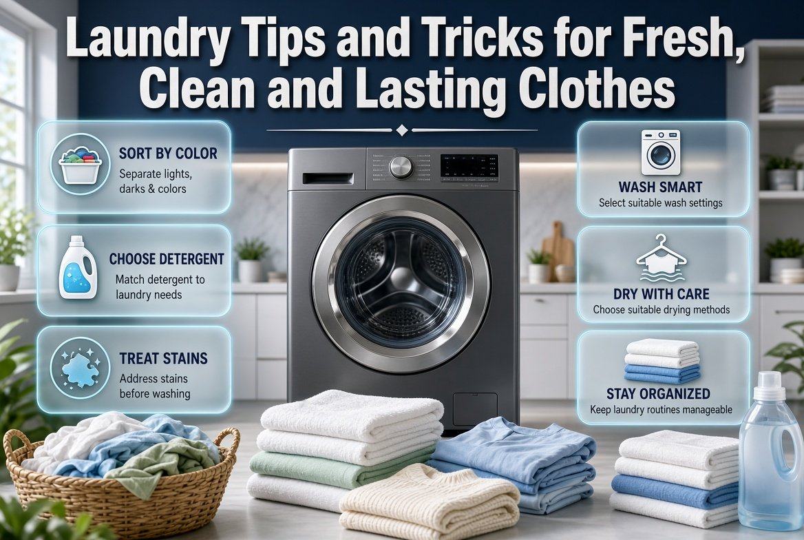 Laundry Tips and Tricks infographic featuring clothing care, stain removal, fabric sorting, washing techniques, drying methods, and laundry organization. Laundry Tips and Tricks for Fresh, Clean and Lasting Clothes