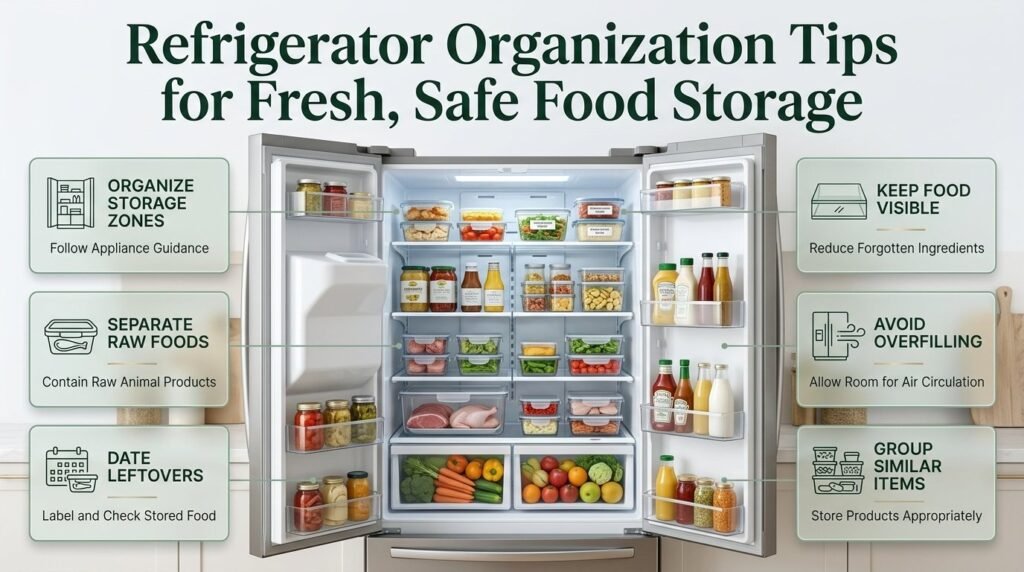 Refrigerator organization tips showing labeled leftovers, safely stored raw meat, organized produce drawers, grouped dairy products, and clear shelves.