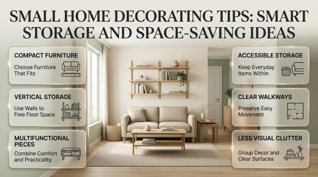 Small home decorating tips featuring compact furniture, vertical shelving, smart storage baskets, natural lighting, and clutter-free interior design.