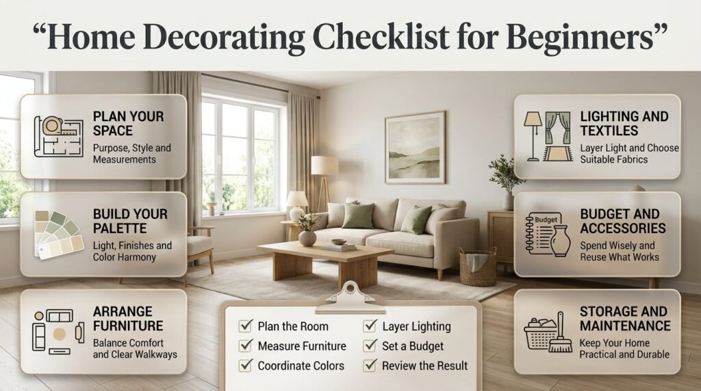 Home decorating checklist for beginners featuring room measurements, color palettes, furniture placement, layered lighting, budget planning, and practical storage.