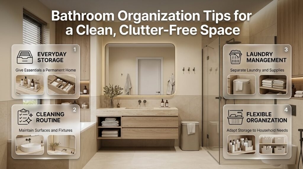 Bathroom organization infographic featuring tidy vanity storage, towel hooks, cleaning routines, laundry hampers, and practical bathroom supplies.