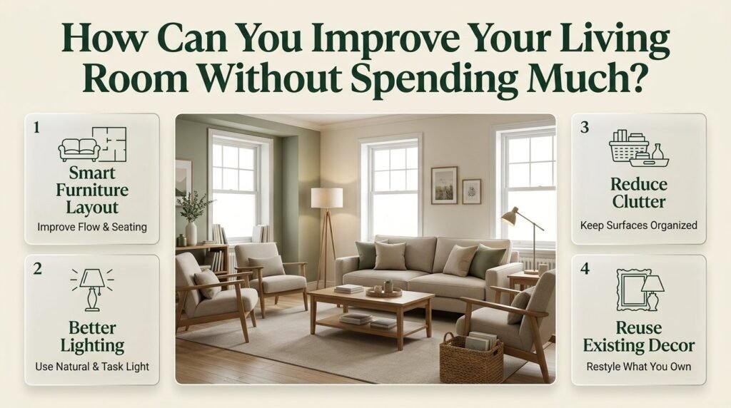 Budget-friendly living room improvement ideas featuring smart furniture placement, layered lighting, organized surfaces, and creative decor reuse.