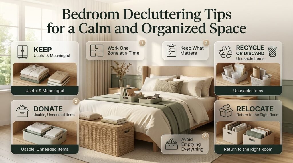 Bedroom decluttering infographic showing four sorting categories, organized storage baskets, tidy drawers, and simple steps to reduce bedroom clutter.