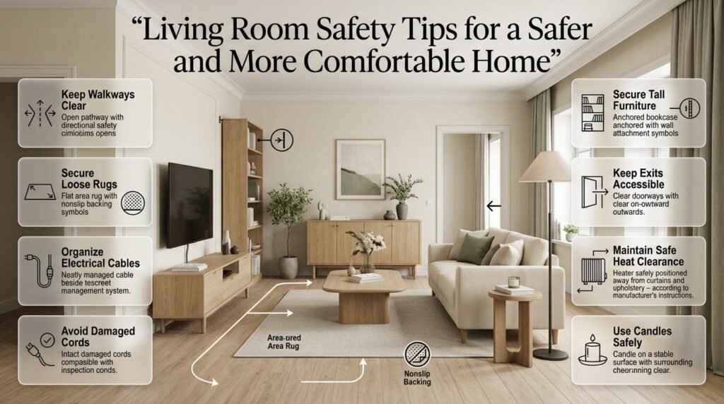 Living room safety tips featuring clear walkways, secured rugs, organized electrical cables, anchored furniture, and safe placement of heating equipment.