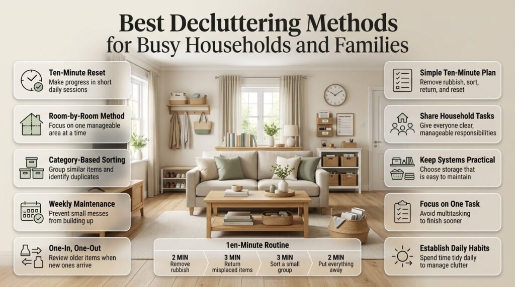 Decluttering methods for busy households featuring a ten-minute reset, organized storage baskets, room-by-room cleaning, and simple family routines.
