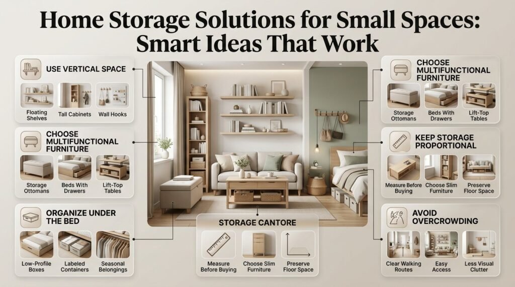 Home storage solutions for small spaces featuring vertical shelving, multifunctional furniture, under-bed containers, and space-saving organization ideas.