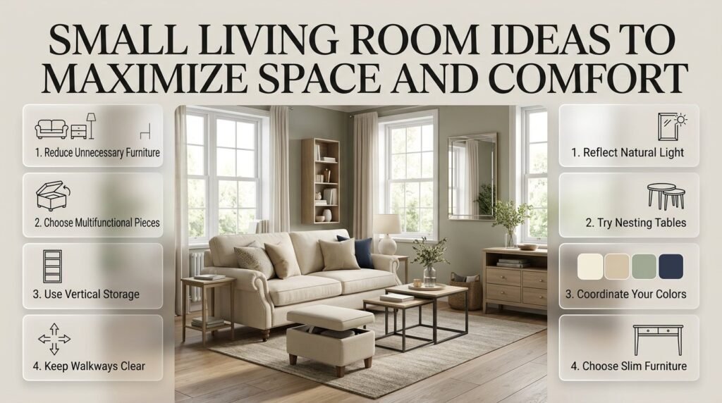 Small living room ideas featuring space-saving furniture, a storage ottoman, nesting tables, vertical shelving, a large mirror, and coordinated colors.