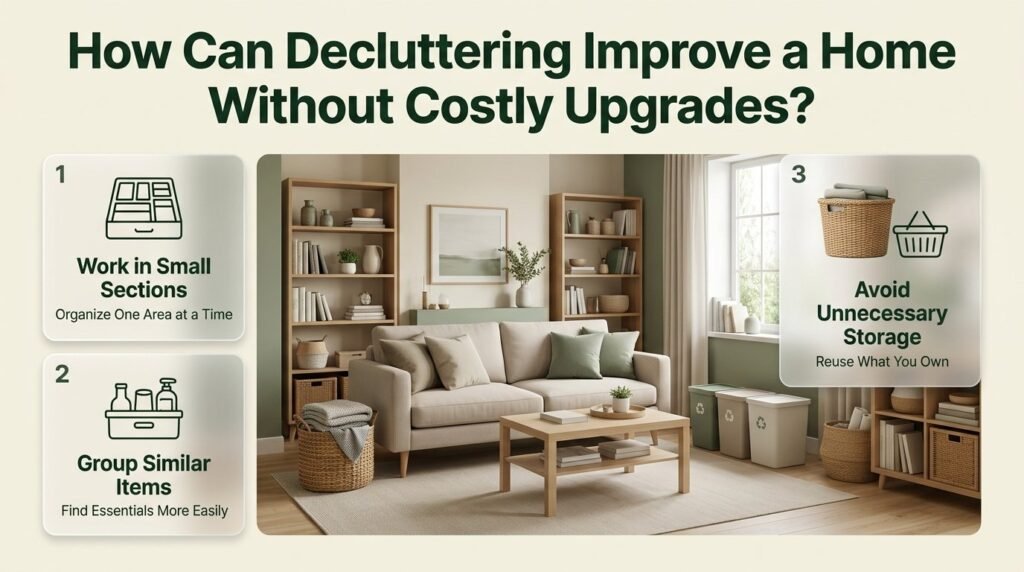 Decluttering tips for an organized home featuring tidy shelves, sorted household items, clear surfaces, and practical storage solutions.