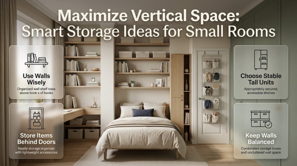 Vertical storage infographic featuring wall shelves, tall cabinets, door organizers, and space-saving storage solutions for compact rooms.