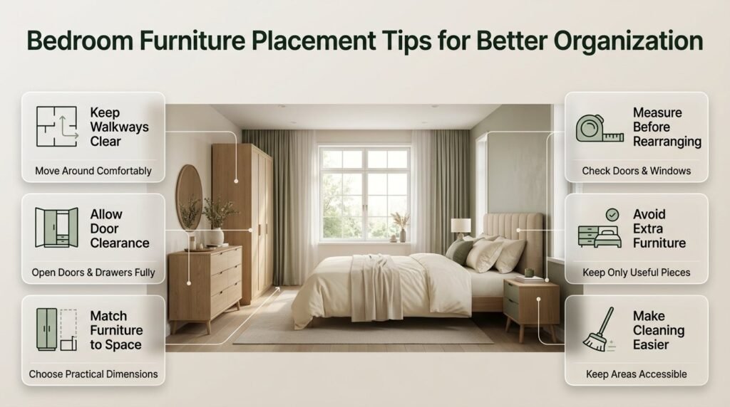 Bedroom furniture placement infographic showing an organized bed, accessible wardrobe, practical dresser layout, clear walkways, and space-saving furniture ideas.