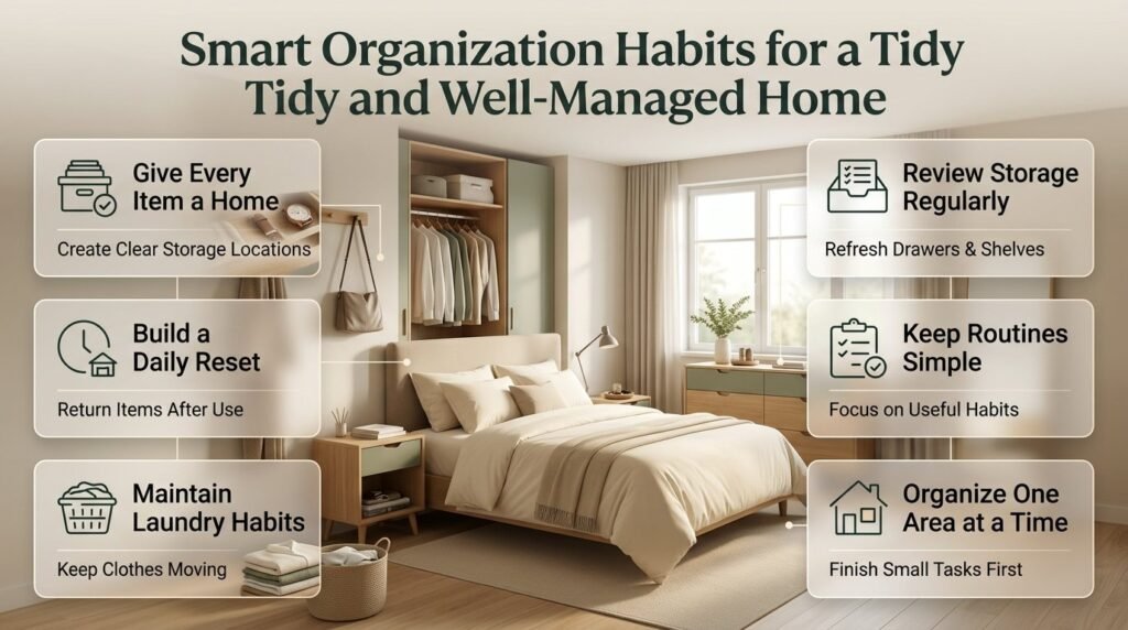 Smart home organization infographic featuring designated storage, daily tidying routines, organized bedroom belongings, laundry management, and household planning.