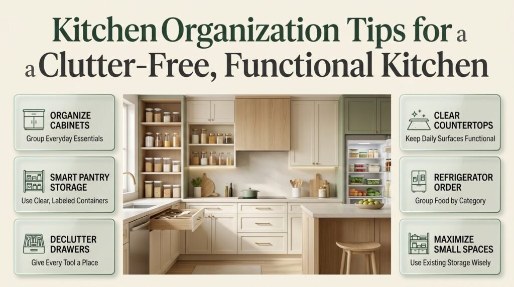 Pantry organization tips featuring categorized dry goods, clear food containers, labeled shelves, FIFO food rotation, and accessible kitchen ingredients.