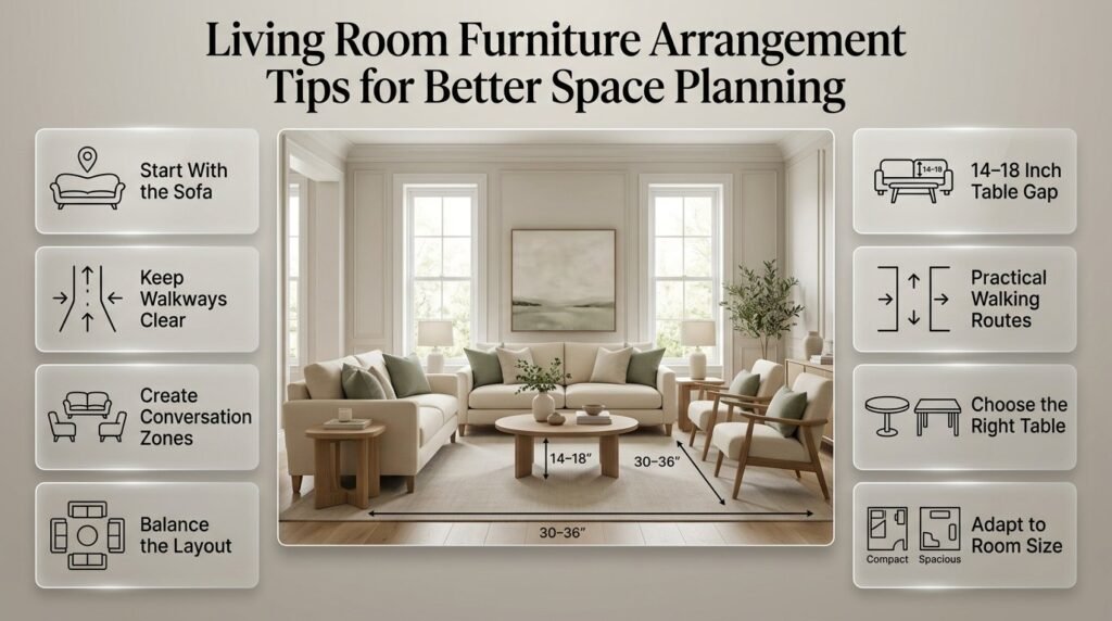 Living room furniture arrangement tips featuring a balanced sofa layout, accent chairs, coffee table spacing, clear walkways, and a cozy conversation area.