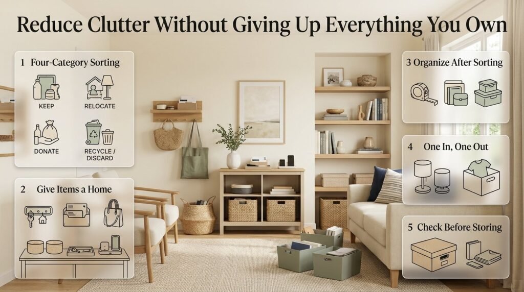 Decluttering infographic featuring a four-category sorting method, everyday storage solutions, labeled organizers, and practical clutter-prevention habits.