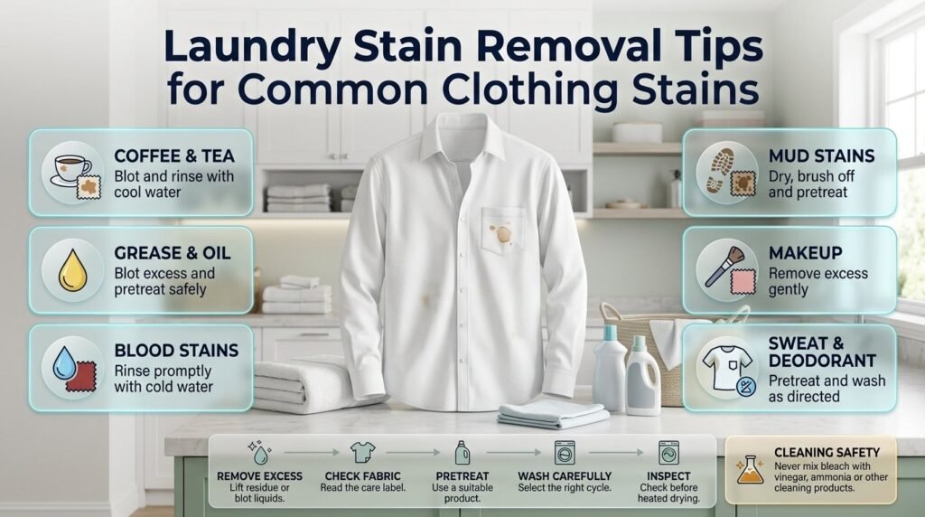 Laundry stain removal infographic showing coffee, grease, blood, mud, makeup, and sweat stains with fabric-safe cleaning techniques.