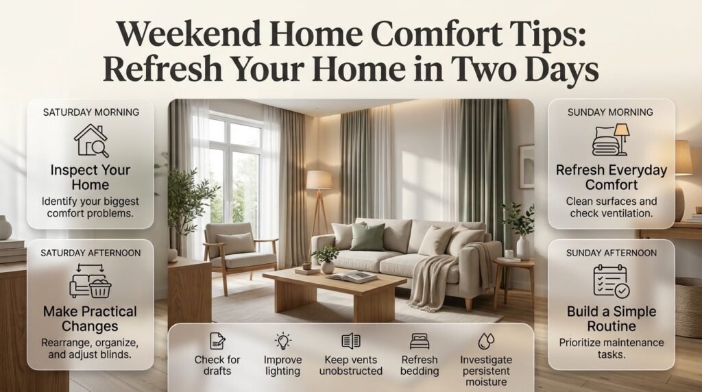 Weekend home comfort infographic showing a cozy living room, organized furniture, improved lighting, fresh bedding, clutter-free surfaces, and a two-day home improvement checklist.