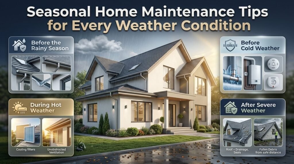 Seasonal home maintenance tips featuring rainy-season roof checks, summer cooling maintenance, cold-weather pipe protection, and post-storm inspections.