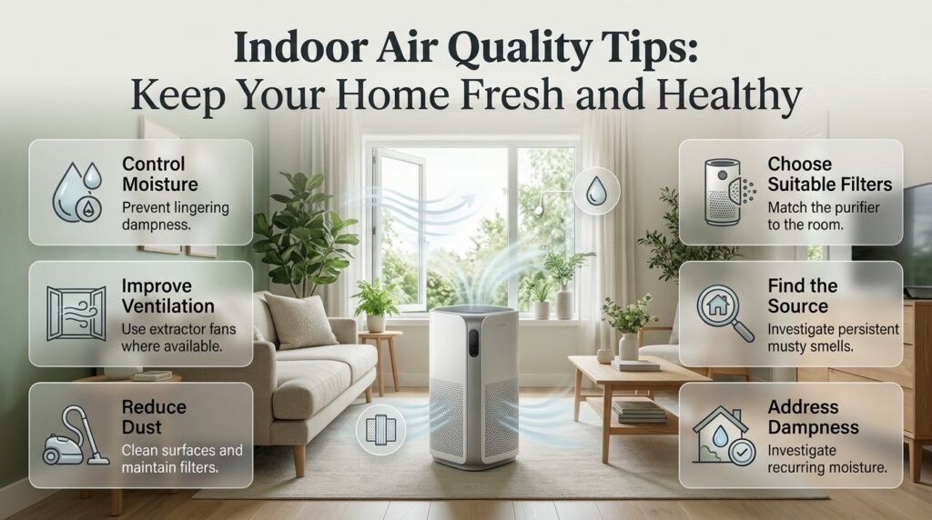Indoor air quality infographic showing a fresh modern living room, indoor plants, ventilation, moisture control, dust reduction, and an air purifier.