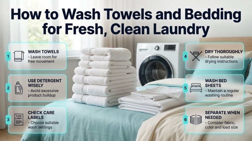 How to wash towels and bedding infographic featuring fluffy towels, fresh bed sheets, washing tips, detergent guidance, and proper drying.