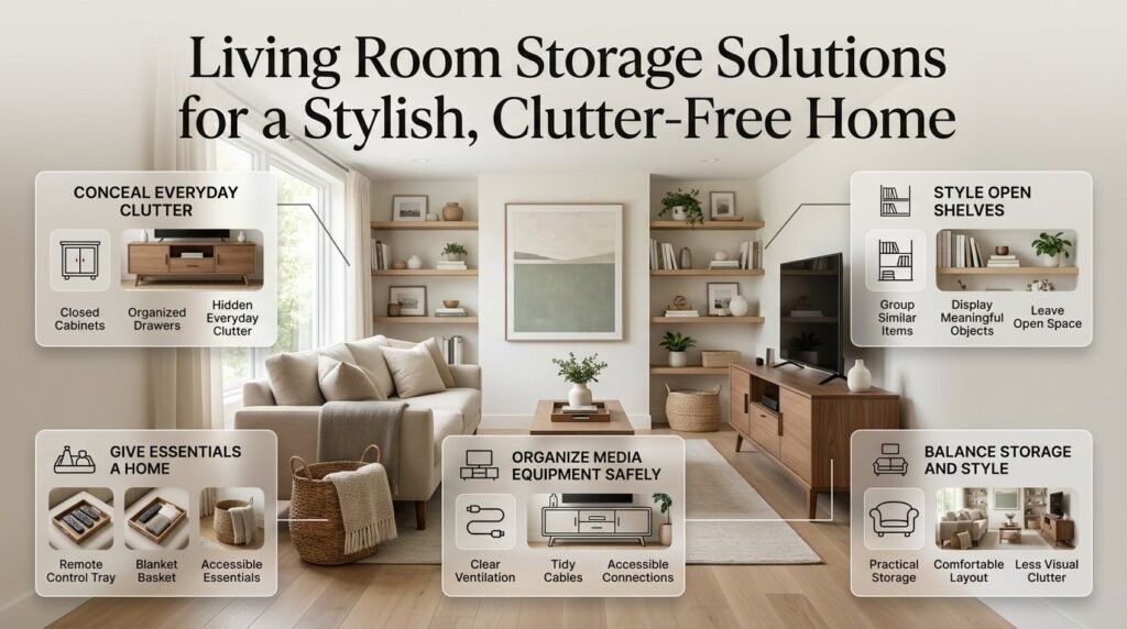 Living room storage solutions featuring closed cabinets, decorative baskets, organized media consoles, cable management, and uncluttered open shelving.