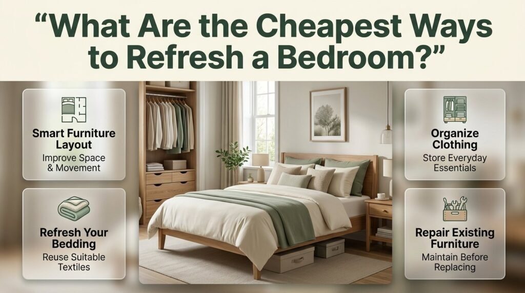 Cheapest ways to refresh a bedroom with clean bedding, smart furniture placement, organized clothing, and affordable bedroom decor ideas.