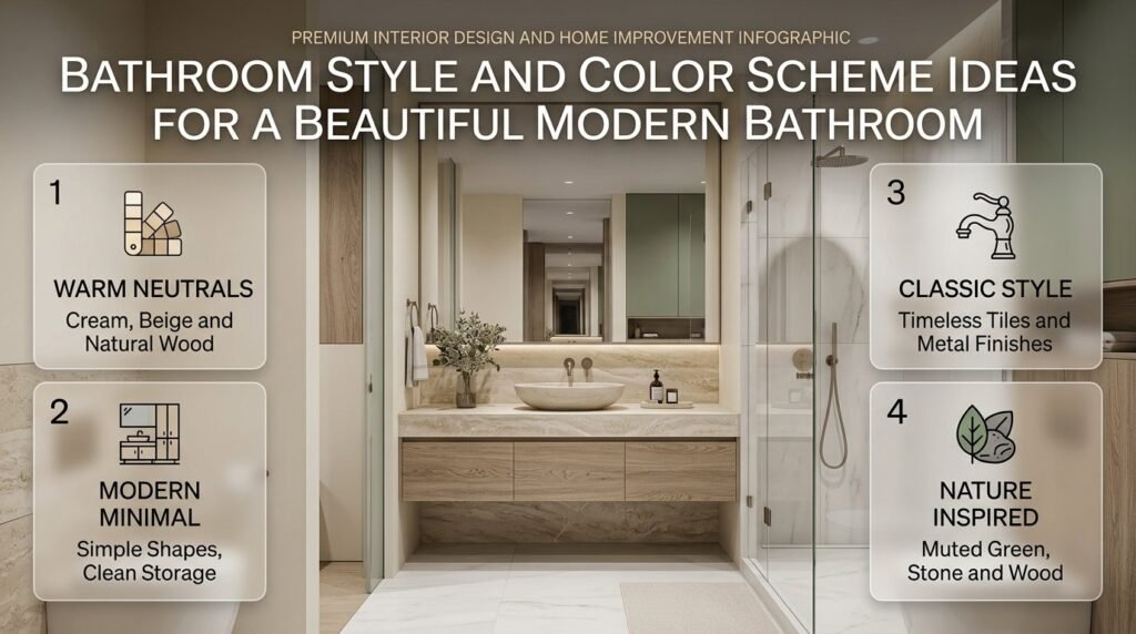 Bathroom style and color scheme infographic featuring warm neutrals, modern minimalism, classic fixtures, natural textures, and coordinated finishes.