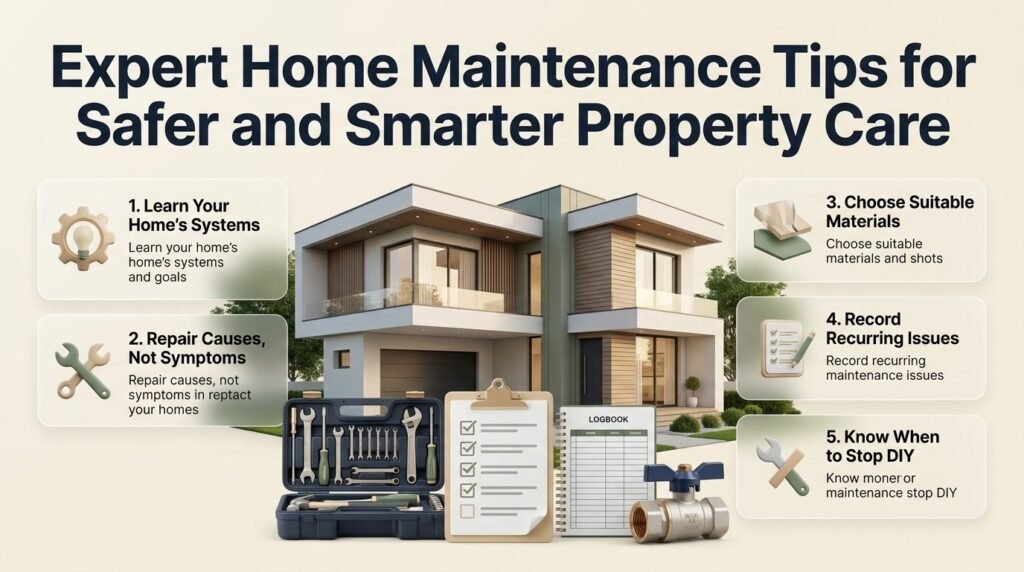 Expert home maintenance tips featuring essential system checks, careful repair planning, suitable maintenance supplies, issue tracking, and DIY safety.