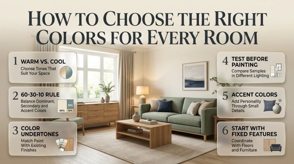 Home color selection guide showing a cream and sage green interior, color palette swatches, warm and cool tones, and the 60-30-10 decorating rule.