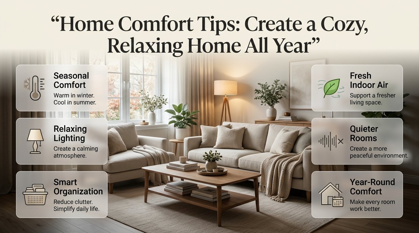Home comfort tips infographic featuring a cozy modern living room, seasonal temperature control, smart lighting, organized spaces, and fresh indoor air. Home Comfort Tips: Create a Cozy, Relaxing Home All Year