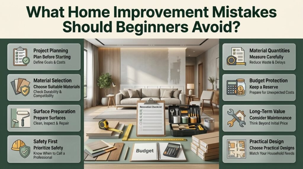 Home improvement mistakes beginners should avoid, including poor planning, unsuitable materials, skipped preparation, safety risks, and overspending.