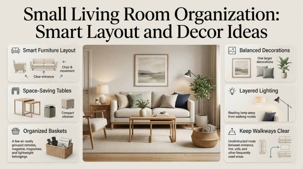 Small living room organization infographic showing space-saving furniture, nesting tables, storage baskets, balanced decor, and layered lighting.