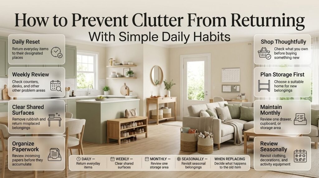 Home organization infographic showing clutter prevention routines, tidy kitchen counters, organized entryway storage, weekly decluttering, and mindful shopping habits.