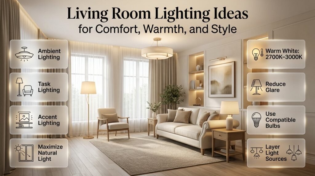 Living room lighting ideas featuring warm ambient lights, a reading floor lamp, accent lighting, natural daylight, and elegant layered illumination.