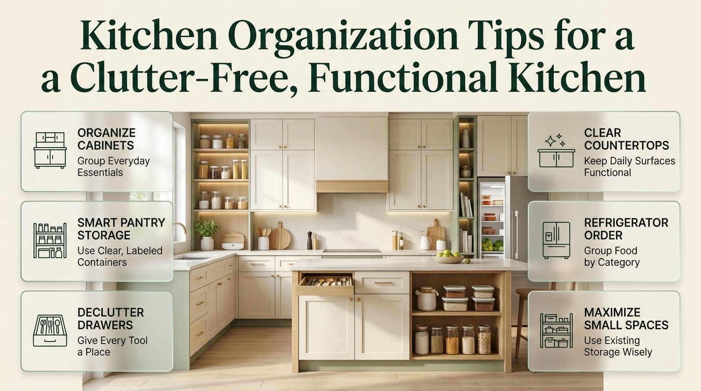 Kitchen organization tips featuring organized cabinets, pantry shelves, storage containers, kitchen drawers, and clutter-free countertops. Kitchen Organization Tips for a Clutter-Free, Functional Kitchen