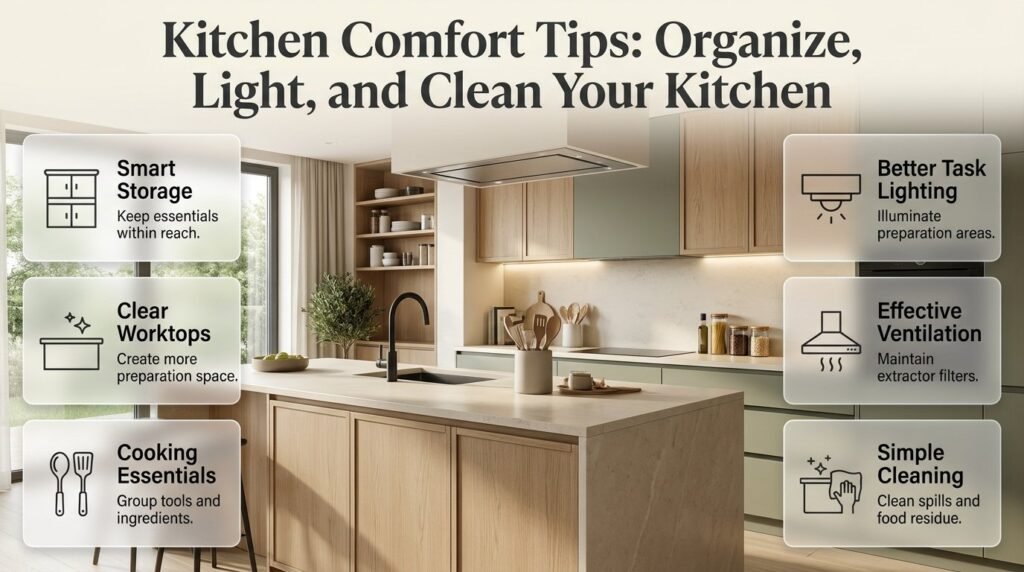 Kitchen comfort tips infographic featuring an organized modern kitchen, accessible cooking utensils, task lighting, extractor ventilation, and clutter-free countertops.