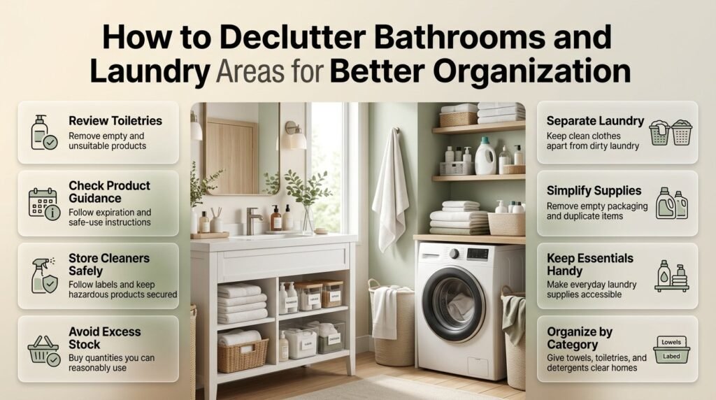 Bathroom and laundry decluttering ideas featuring organized toiletries, safely stored cleaning supplies, neatly folded towels, and efficient laundry storage.