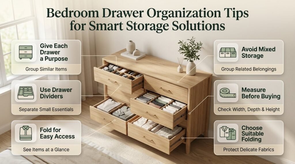 Bedroom drawer organization infographic showing folded clothes, adjustable dividers, organized accessories, and practical storage solutions for tidy drawers.
