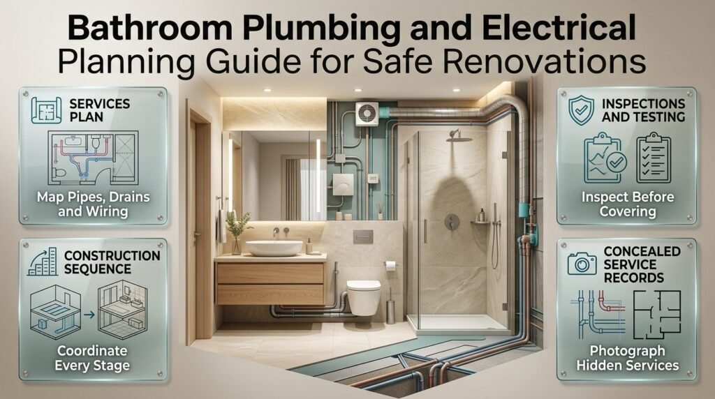 Bathroom plumbing and electrical planning infographic showing water pipes, drainage, wiring, ventilation, waterproofing, inspections, and concealed service records.