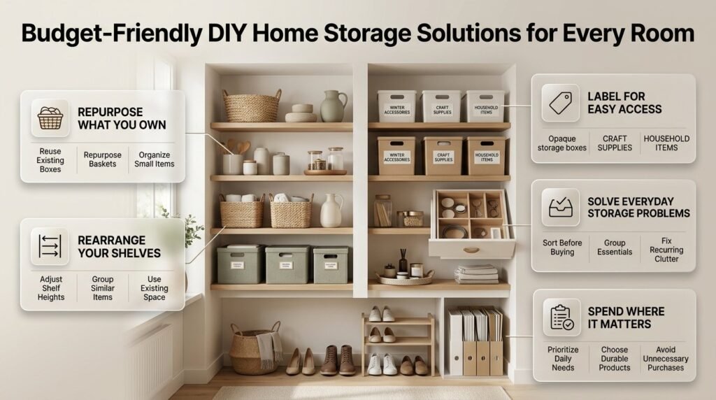 Budget-friendly DIY home storage solutions featuring repurposed baskets, labeled boxes, organized shelves, drawer dividers, and affordable storage ideas.