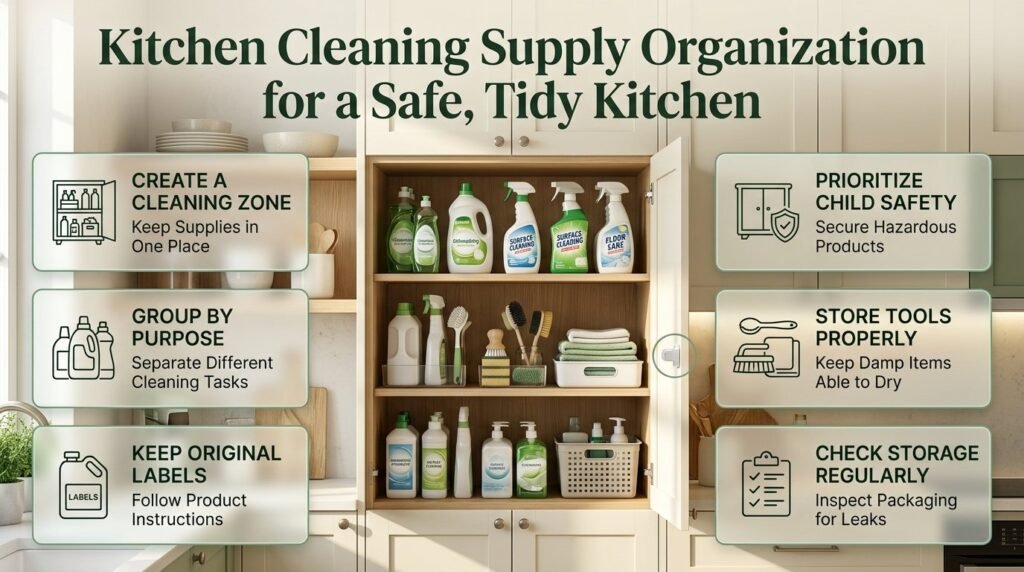 Kitchen cleaning supply organization with labeled cleaning products, neatly arranged brushes, separate storage zones, and safe cabinet organization.