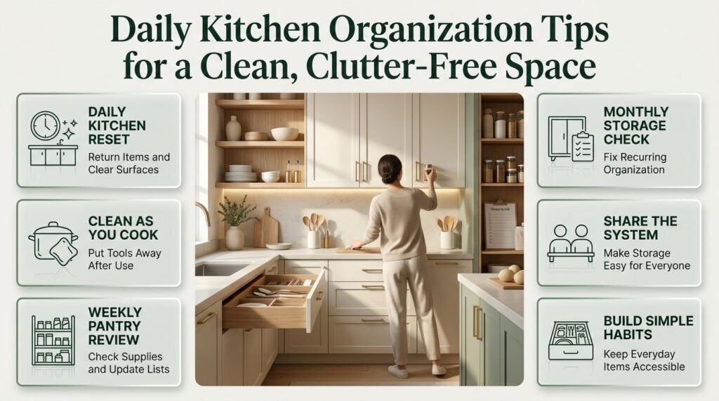 Daily kitchen organization tips featuring tidy countertops, organized utensils, clean food preparation surfaces, pantry checks, and simple kitchen reset habits.